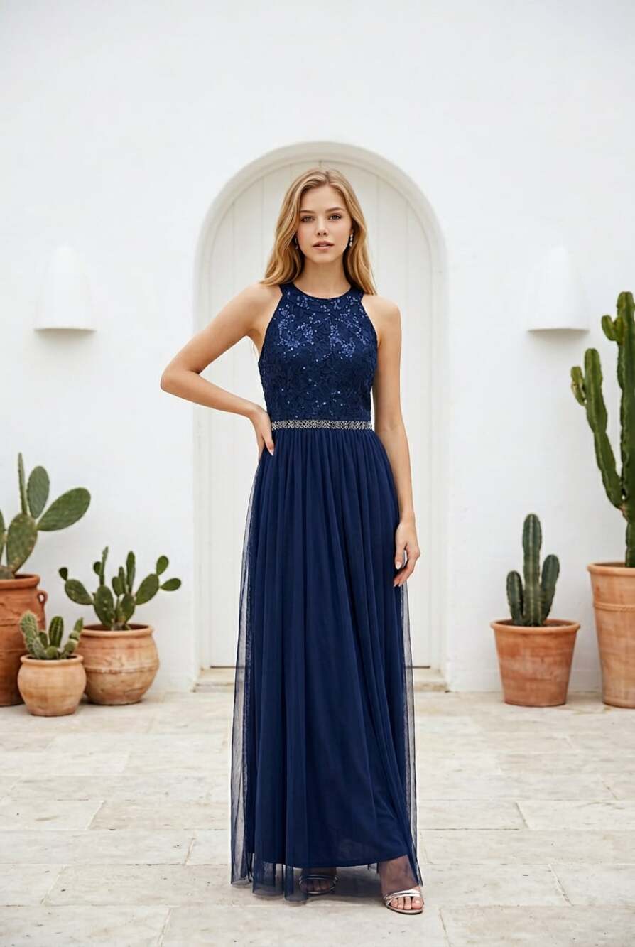 Candalite Women's Navy Sequin Lace Bodice Tulle Maxi Gown with Crystal Waist Pro